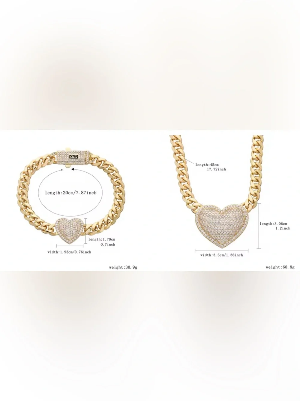 14K Gold Plated Cuban Link Heart Necklace and Bracelet with Cubic Zirconia Stone